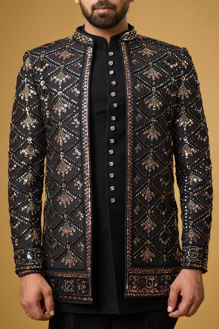 Midnight Noir diamond motif jacket kurta set