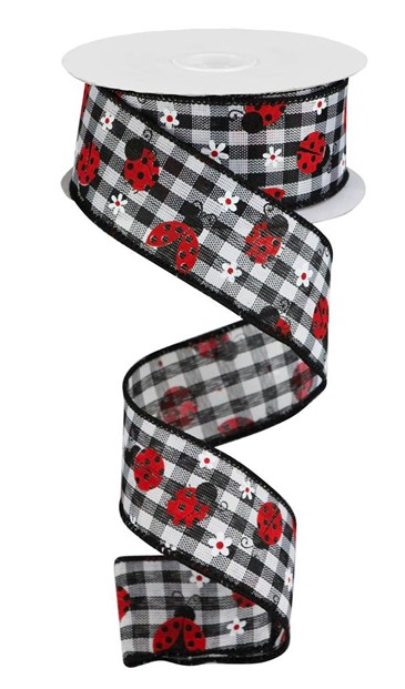 Mini Ladybugs on Canvas Wire Edged Ribbon - 10 Yards (Black Gingham, 1.5 Inch)