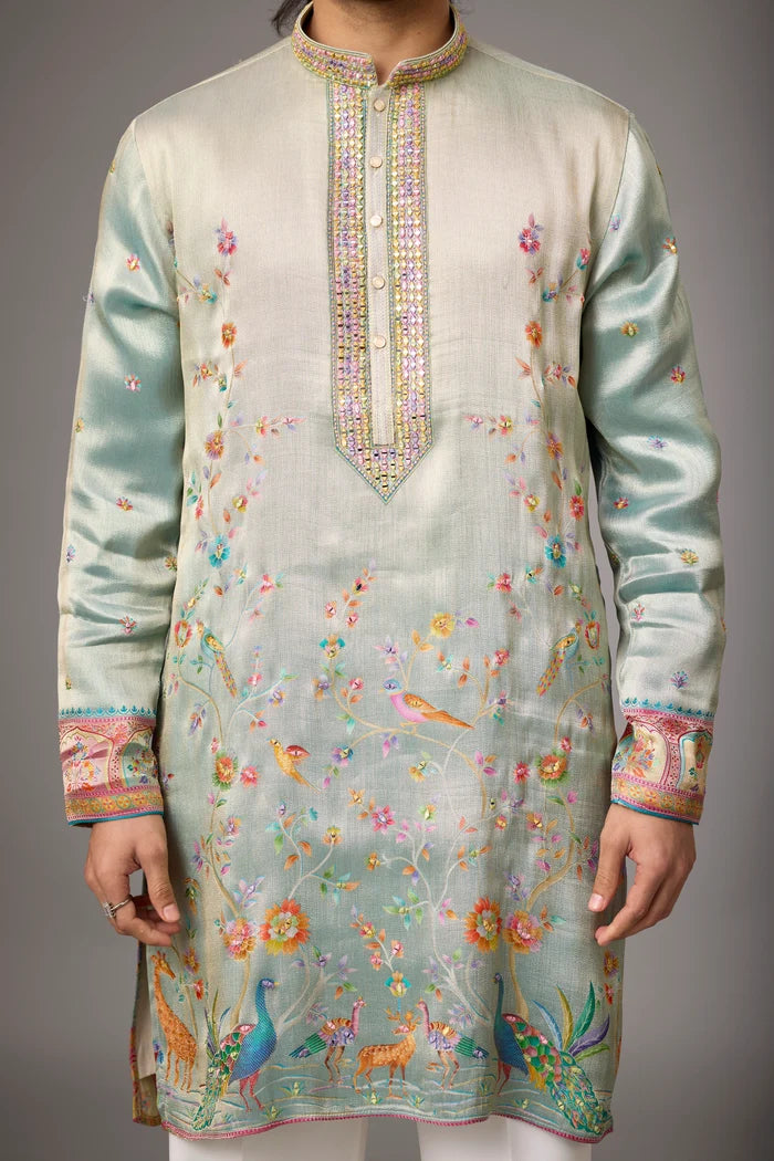 Designer Peacock Bird Motif Ethnic Kurta – Side View | Mahavir NX