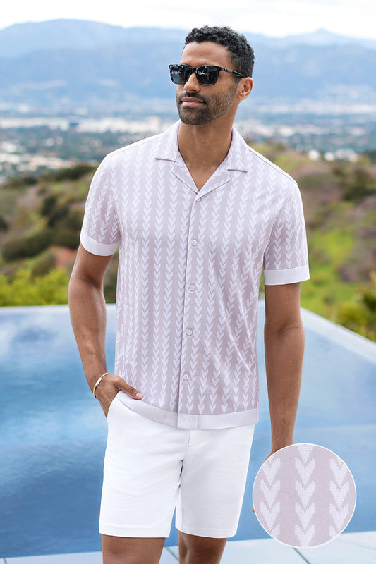 Model wear Mirage Taupe Icy Bamboo® short sleeve camp shirt, styled with white shorts