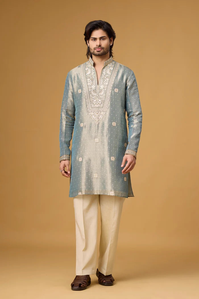 Blue Grey Embroidered Kurta Set for Men – Festive Wear | Mahavir NX
