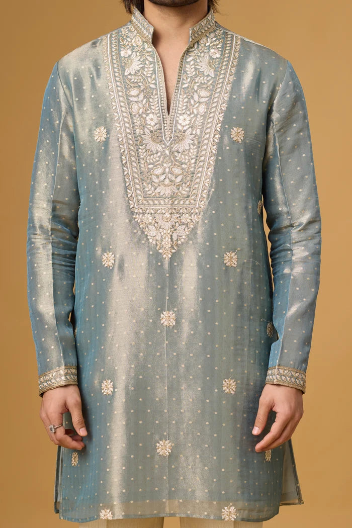 Designer Misty Blue Ethnic Kurta Set – Side View | Mahavir NX