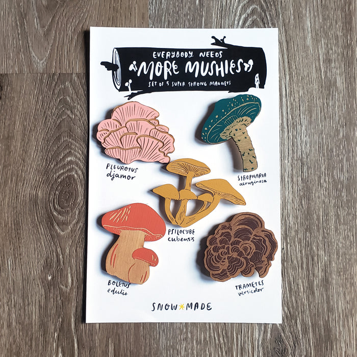 "More Mushies" Wooden Mushroom Magnets (set of 5)
