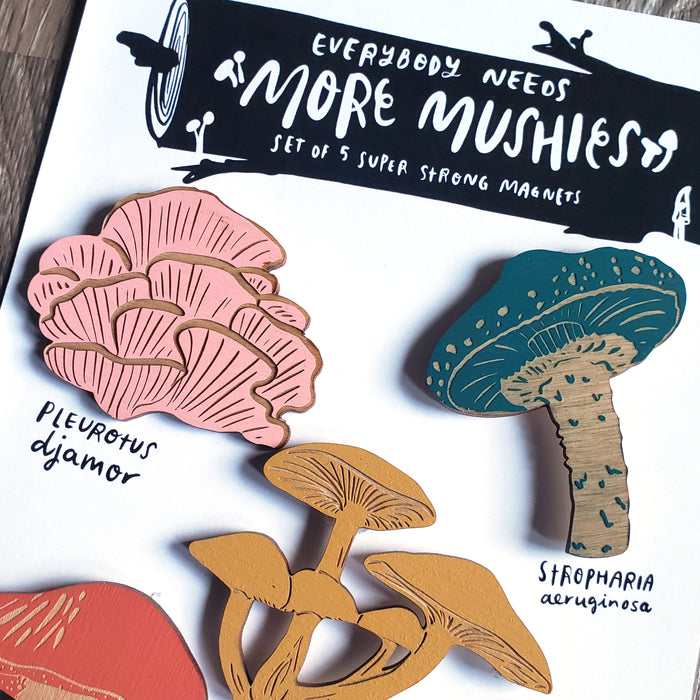 "More Mushies" Wooden Mushroom Magnets (set of 5)