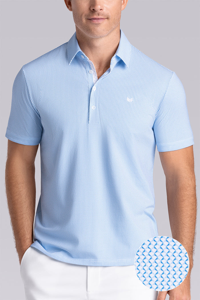 Model wearing Mosaic Light Blue Icy Cotton® short sleeve micro geo print polo, styled with white shorts.