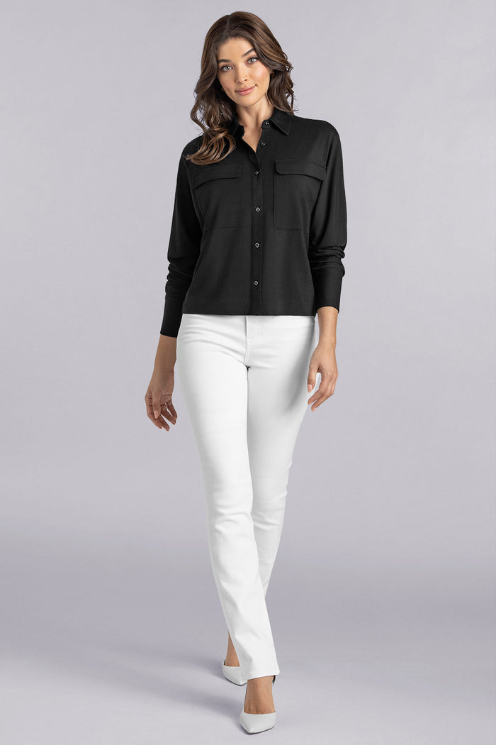 Model Motif Black long sleeve button up blouse, styled with white pants
