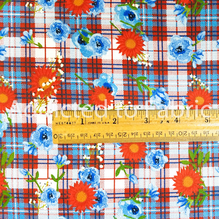 Multi Plaid Floral, American Spirit, Fabric by 3 Wishes, Red White and Blue Cotton