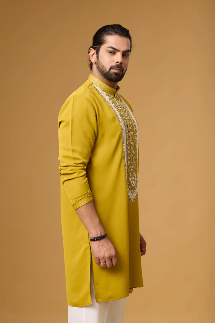 Golden Yellow Royale Kurta Pajama Set – Front View | Mahavir NX