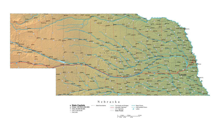 Digital Nebraska State Illustrator cut-out style vector with Terrain NE-USA-242016