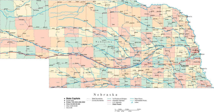 Nebraska State Map - Multi-Color Cut-Out Style - with Counties, Cities, County Seats, Major Roads, Rivers and Lakes