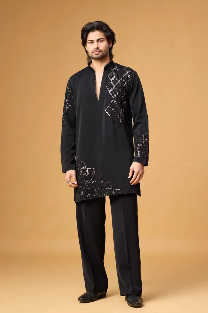 Obsidian Black Intricate Embroidered Kurta Set for Men | Mahavir NX