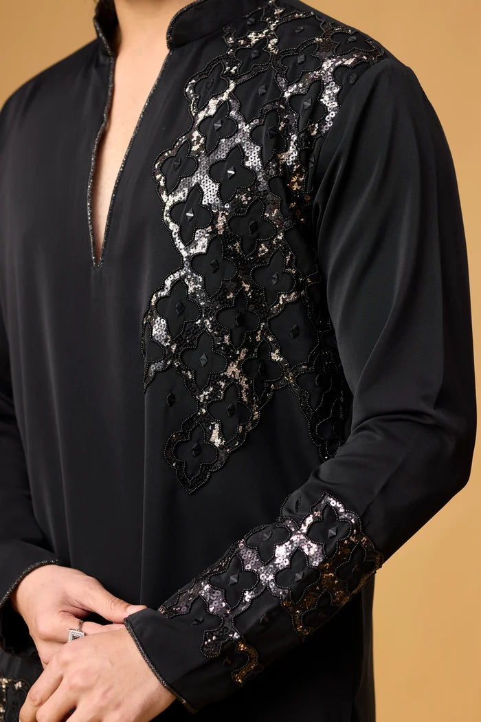 Split Neck Embroidered Kurta Set for Men – Full View | Mahavir NX