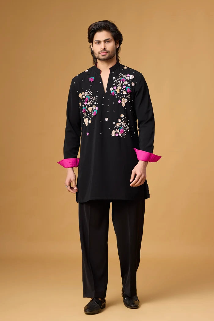 Obsidian Bloom Embroidered Kurta Set for Men | Mahavir NX