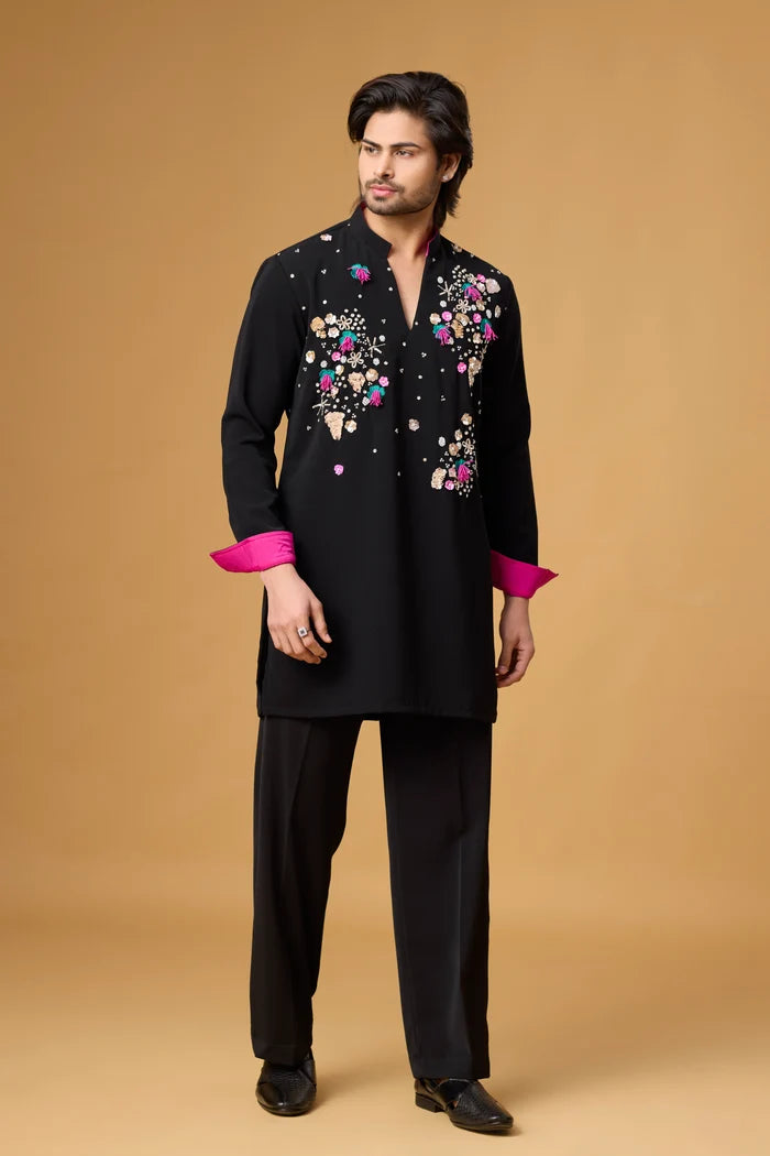 Designer Black Floral Embroidered Kurta Set for Men | Mahavir NX