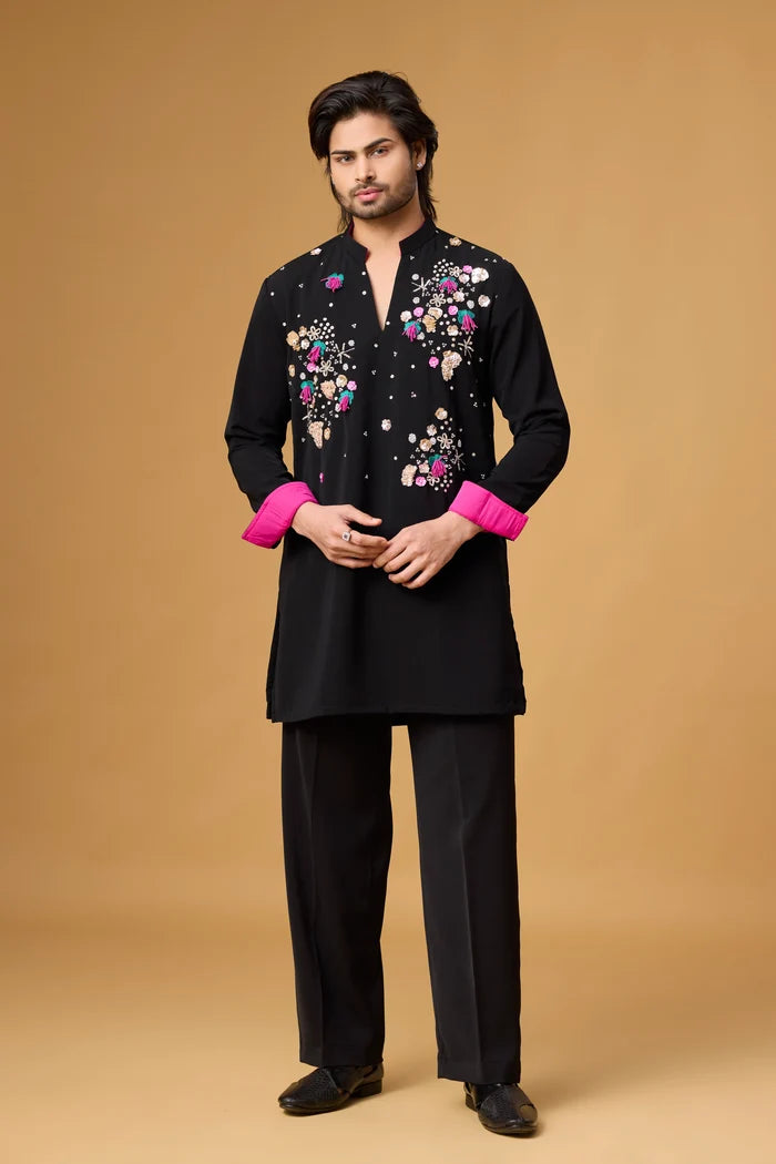 Black Ethnic Kurta with Contrasting Cuffs – Party Wear | Mahavir NX