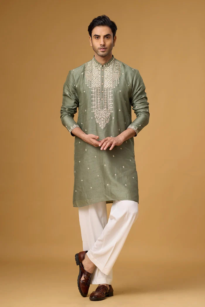 Olive Green Heritage Kurta for Men – Festive Ethnic Wear | Mahavir NX