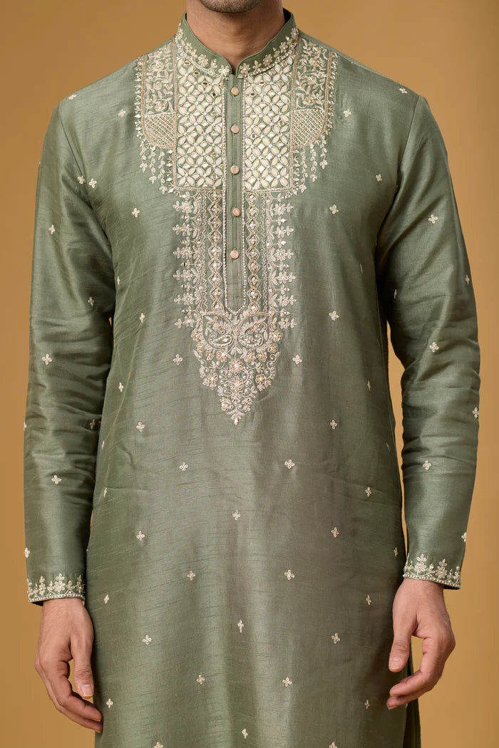 Olive Heritage Kurta Pajama Set for Men – Front View | Mahavir NX