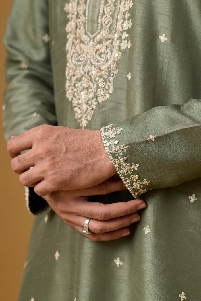 Premium Olive Heritage Embroidered Kurta Set for Men – Full Length View | Mahavir NX