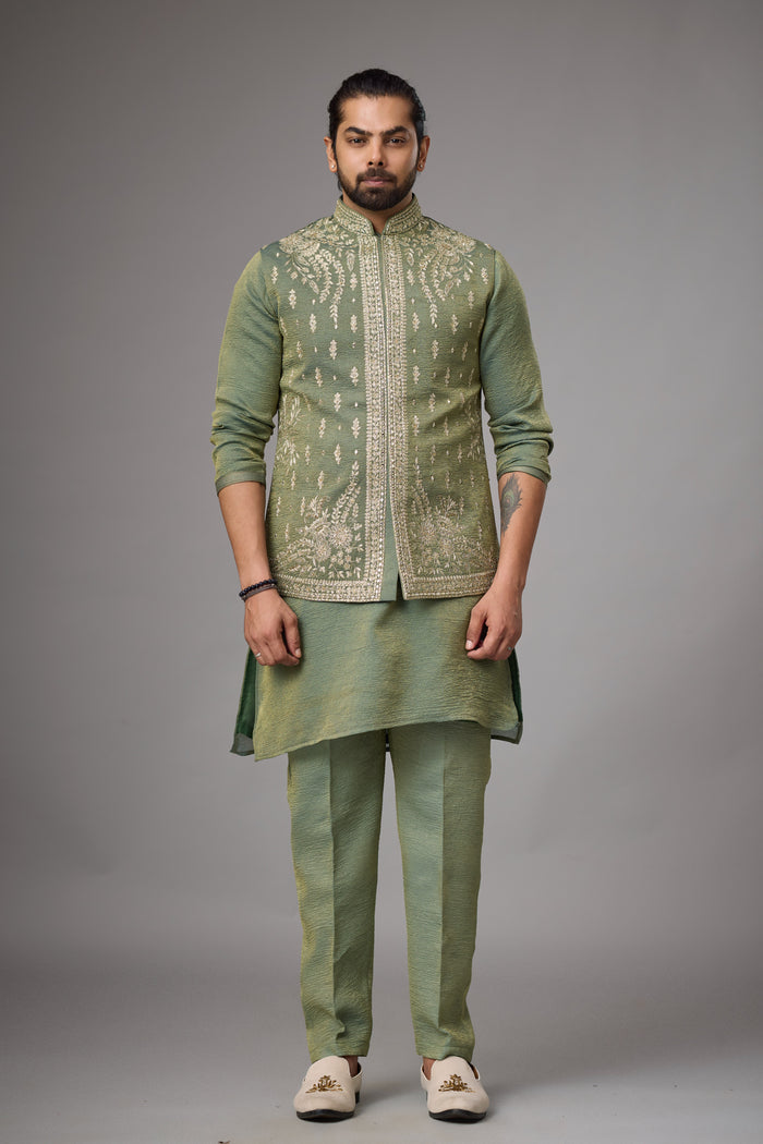 Olive Sage engagement jacket kurta set | Mahavir NX