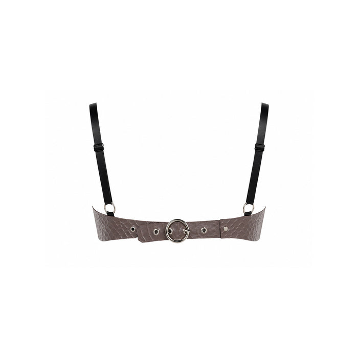 Back of the Opal Snake Milk Bandeau — adjustable black latex straps, silver O-ring and eyelet buckle closure — Vex Clothing
