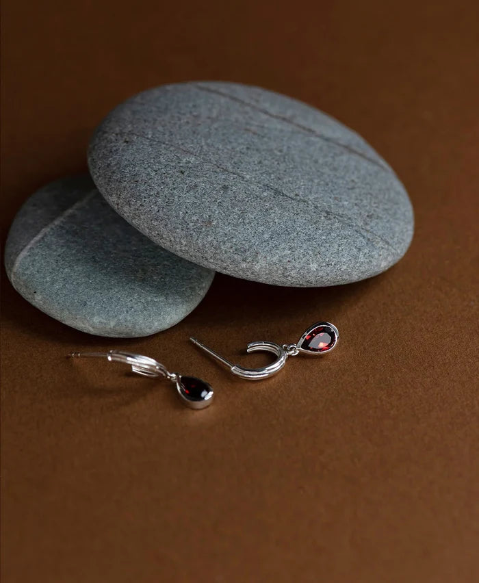 Ophelia Hoops | Sterling Silver with Pear Garnet