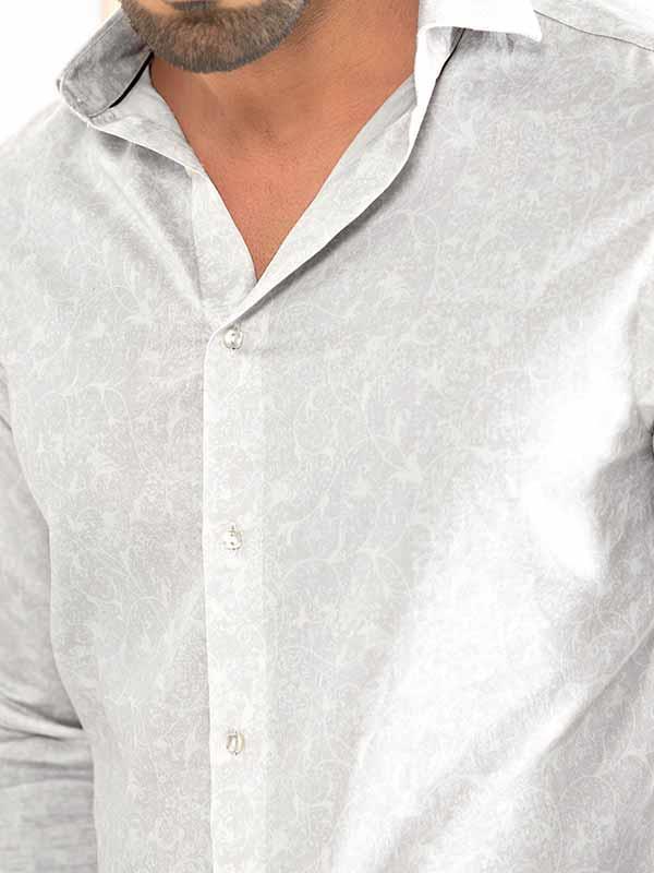 Pablo Light Grey Printed Full Sleeve Single Cuff Slim Fit Party Wear Blended Shirt