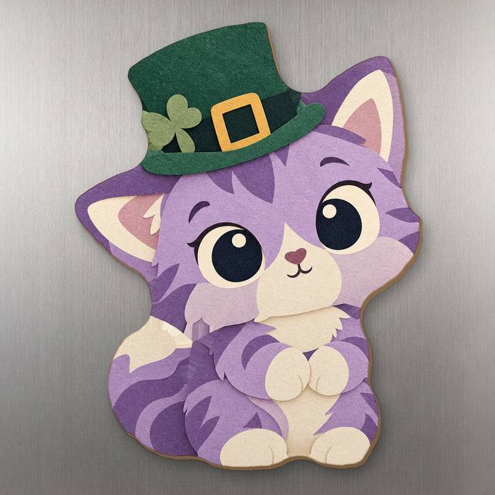 Paddy Cat wood magnet M352 on a stainless steel fridge, made in USA