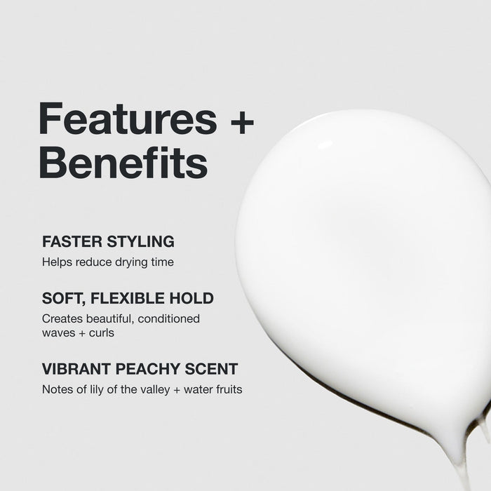 Paul Mitchell Quick Slip Styling Cream benefits graphic with a white cream swatch, highlighting faster drying, flexible hold and conditioned waves and curls.