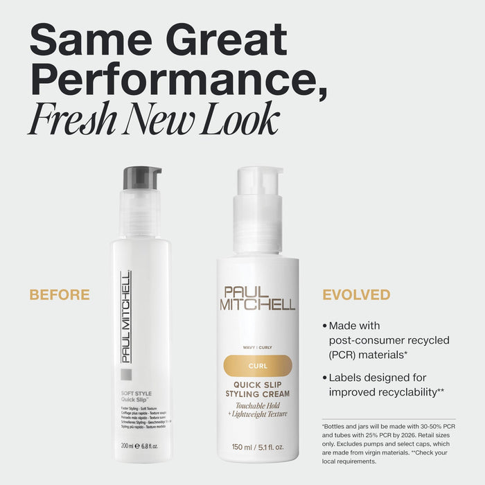 Old and new Paul Mitchell Quick Slip Styling Cream packaging on a pale grey background, featuring an updated recyclable design and the same performance.