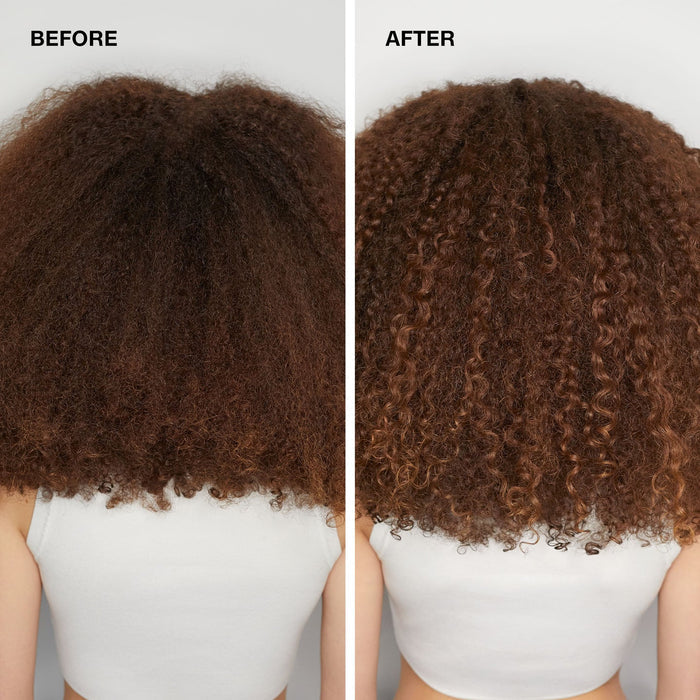 Before-and-after view of long brown curls showing improved definition, softness and reduced frizz with Paul Mitchell Quick Slip Styling Cream.