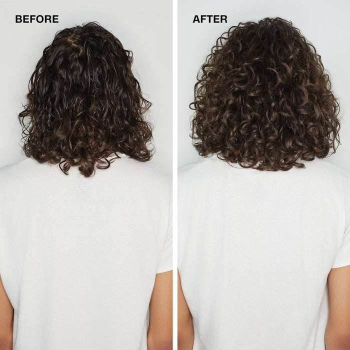 Before-and-after view of dark curly hair showing fuller, more defined ringlets with Paul Mitchell Quick Slip Styling Cream 150ml.