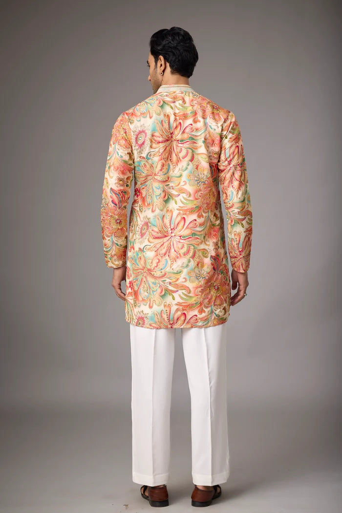 Peach Garden Floral Kurta Pajama Set – Front View | Mahavir NX