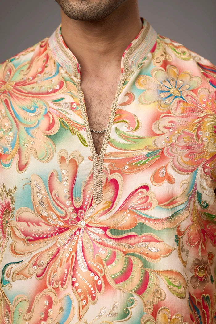 Peach Garden Floral Printed Kurta Set for Men – Full Length View | Mahavir NX