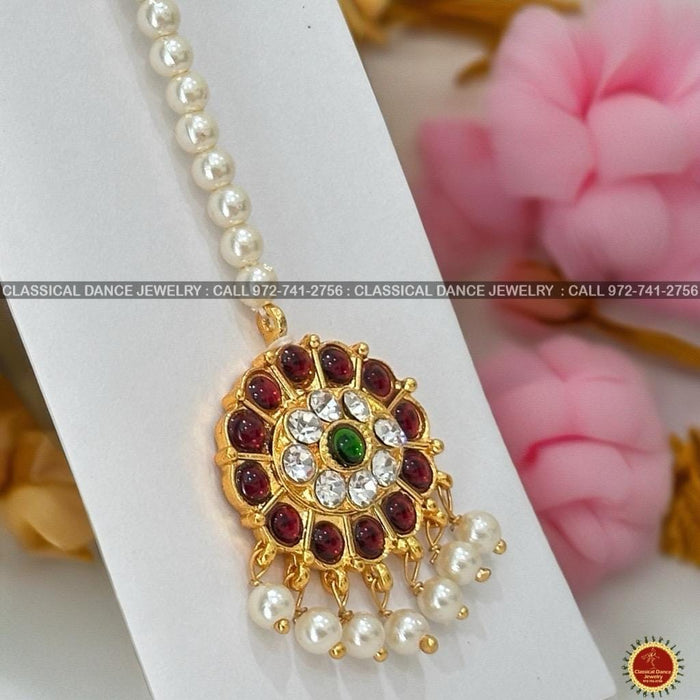 Classical Dance Jewelry Pearls OVAL Tikka Kemp temple Indian jewelry | Bharatnatyam, Kuchipudi, Engagement, Weddings, Birthdays | Classical Dance Jewelry