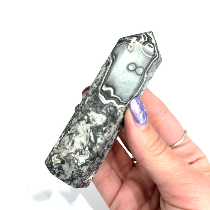 Picasso Jasper Gemstone Tower  in hand on white front view