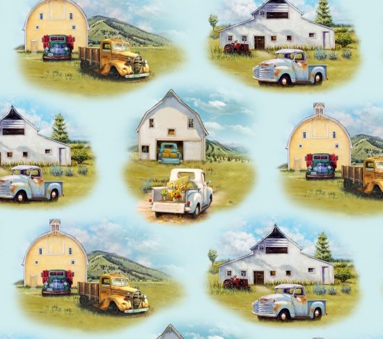 Pickup Trucks and Barns Scenic Fabric by Elizabeth's Studio, Blue, Quilting Fabric