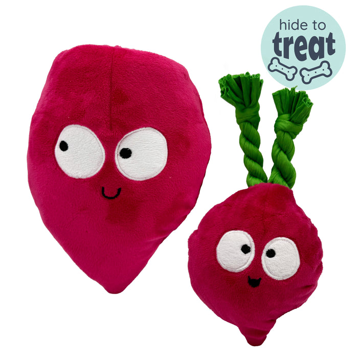 Dog with Pop 'n Fetch Beet Dog Toy on a white background.