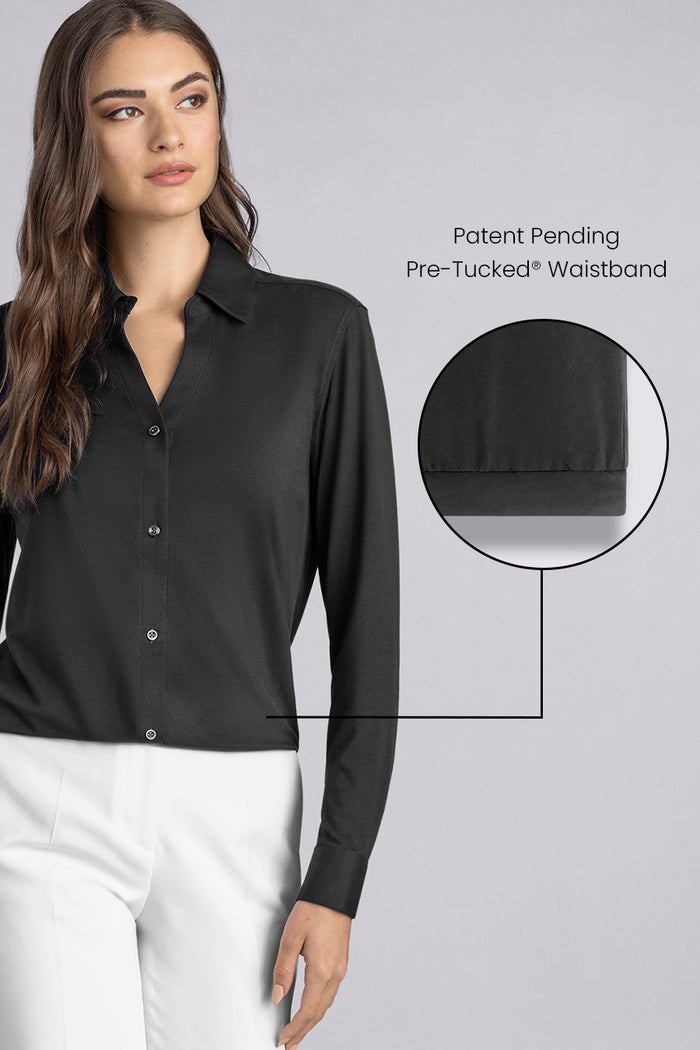 Model wearing Prestige Black long sleeve Icy Bamboo® v-neck shirt, styled with white pants