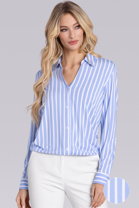 Model wearing Prestige Chambray Blue long sleeve Icy Bamboo® v-neck shirt, styled with white pants