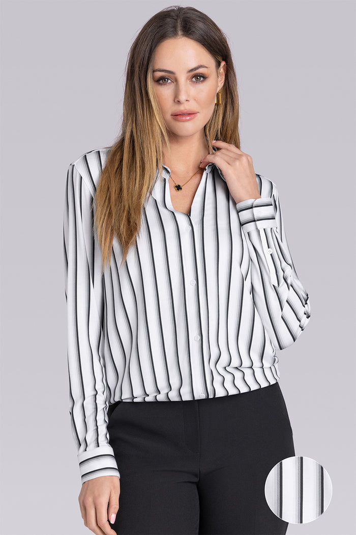 Model wearing Prestige White Grey long sleeve Icy Bamboo® v-neck shirt, styled with black pants