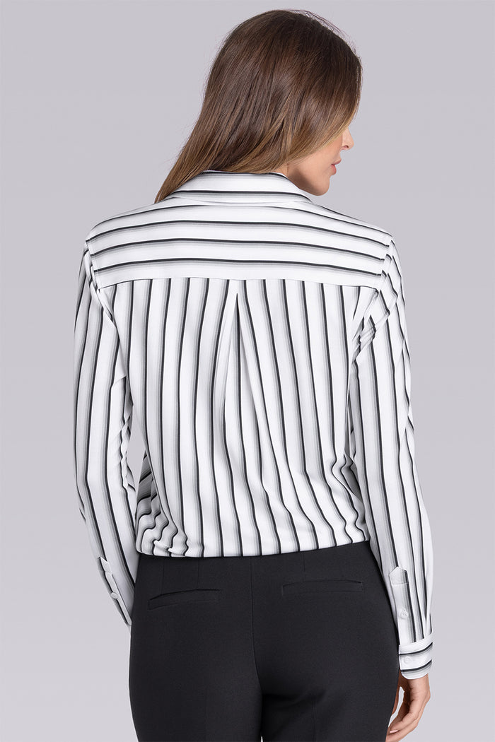 Model wearing Prestige White Grey long sleeve Icy Bamboo® v-neck shirt, styled with black pants