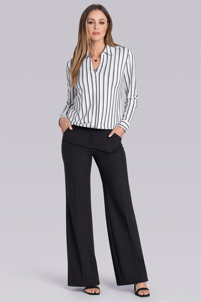 Model wearing Prestige White Grey long sleeve Icy Bamboo® v-neck shirt, styled with black pants