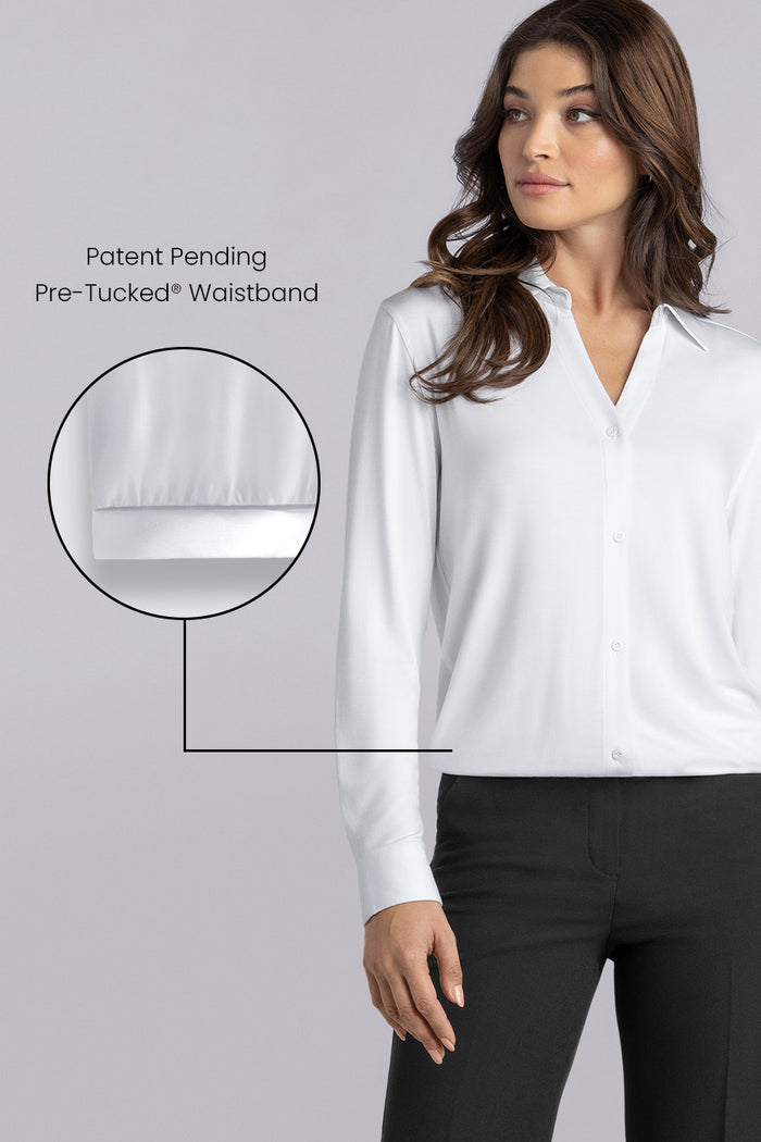 Model wearing Prestige White long sleeve Icy Bamboo® v-neck shirt, styled with black pants