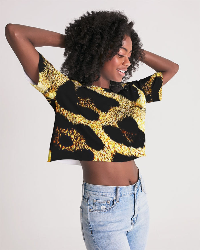 Primal Elegance: Golden Leopard Abstract Drop Shoulder Raw Hem Crop Top