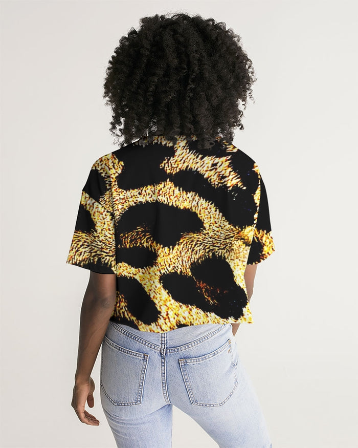 Primal Elegance: Golden Leopard Abstract Drop Shoulder Raw Hem Crop Top