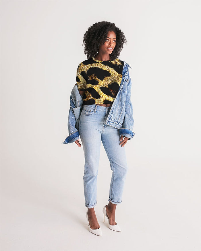 Primal Elegance: Golden Leopard Abstract Drop Shoulder Raw Hem Crop Top