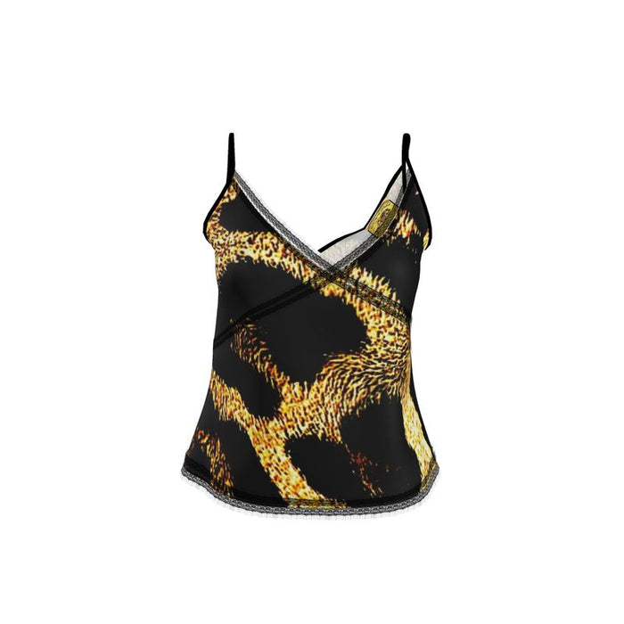 Primal Elegance: Golden Leopard Abstract Lace Trim Cami
