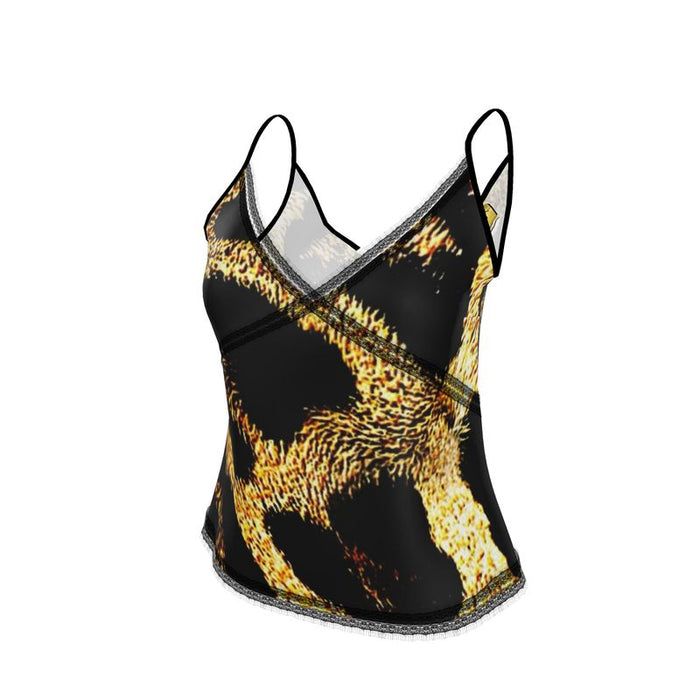 Primal Elegance: Golden Leopard Abstract Lace Trim Cami