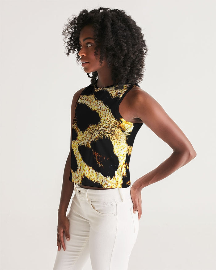 Primal Elegance: Golden Leopard Abstract Sleeveless Crop Top