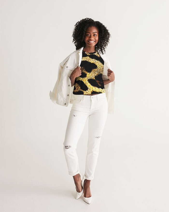 Primal Elegance: Golden Leopard Abstract Sleeveless Crop Top